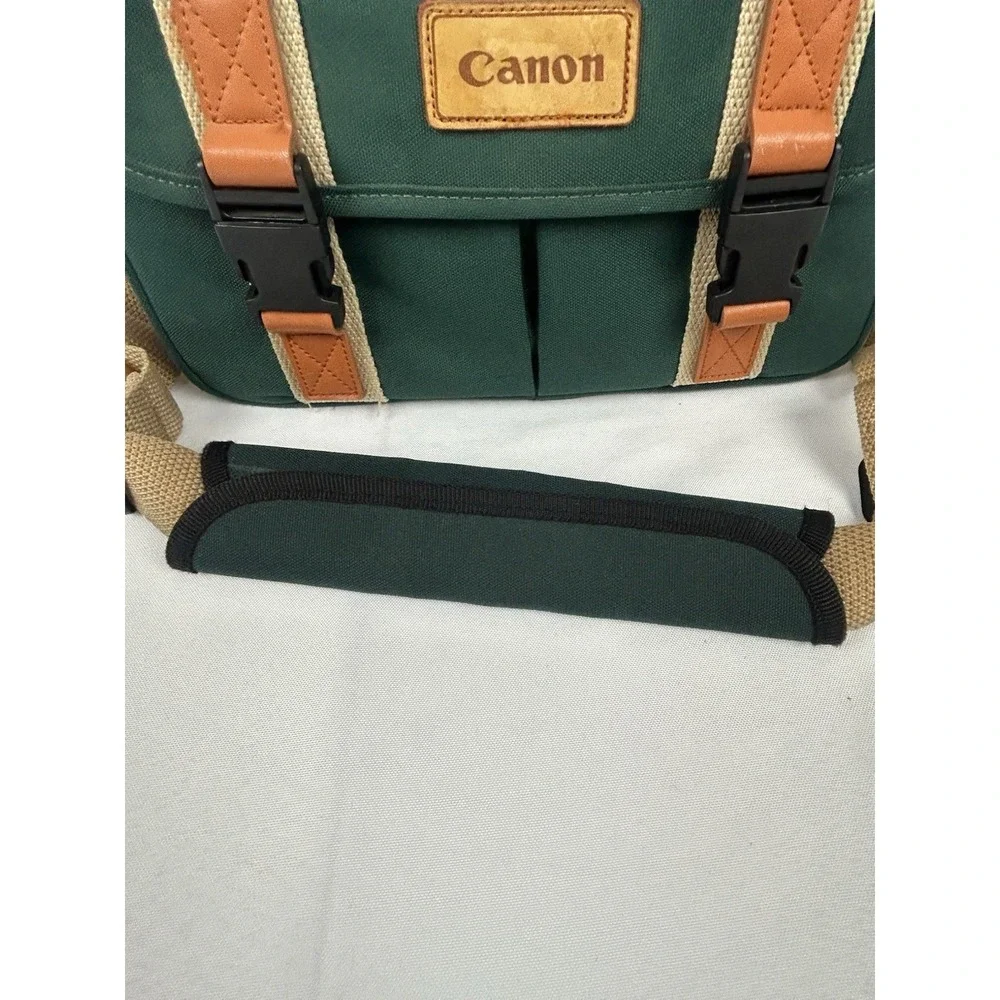 Vintage Canon Camera Bag Green Canvas Leather Trim Strap 12 x 9 x 7 Padded Case